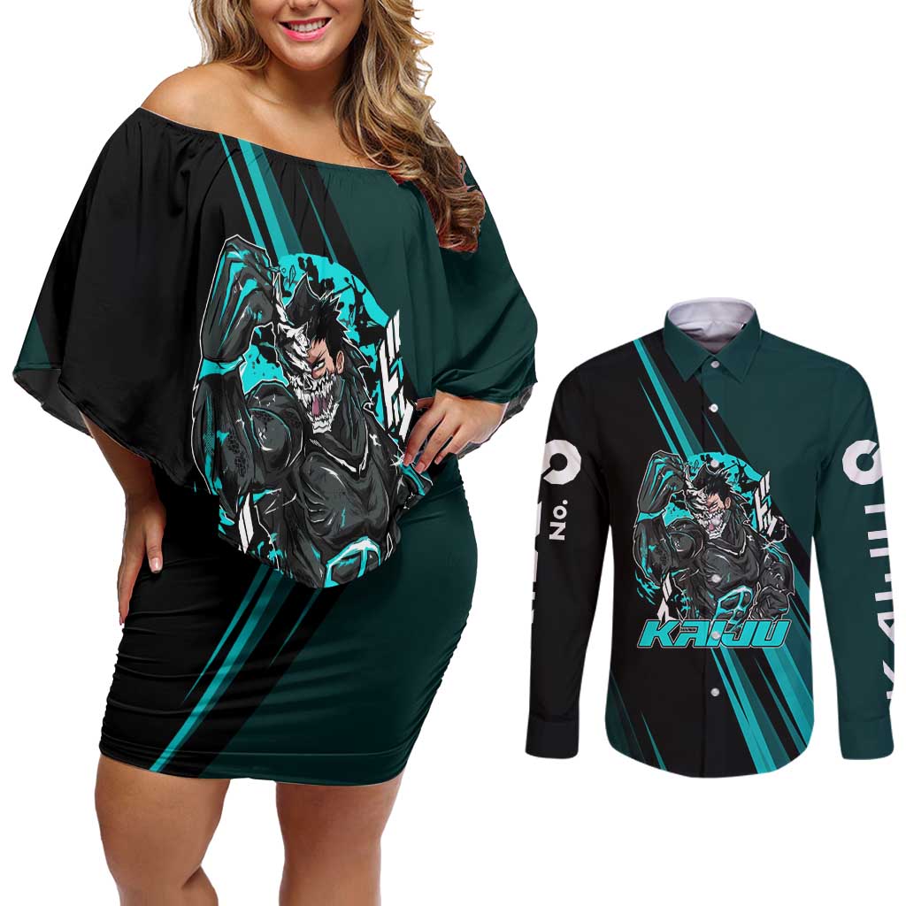 Kaiju No. 8 Monster Form Couples Matching Off Shoulder Short Dress and Long Sleeve Button Shirt Neon Manga Combat Style