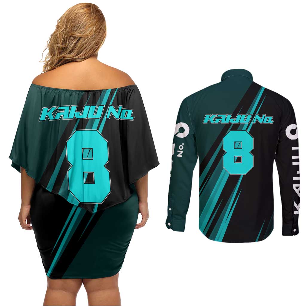 Kaiju No. 8 Monster Form Couples Matching Off Shoulder Short Dress and Long Sleeve Button Shirt Neon Manga Combat Style