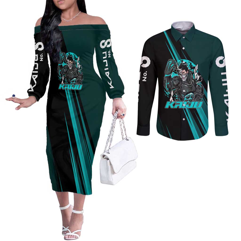 Kaiju No. 8 Monster Form Couples Matching Off The Shoulder Long Sleeve Dress and Long Sleeve Button Shirt Neon Manga Combat Style