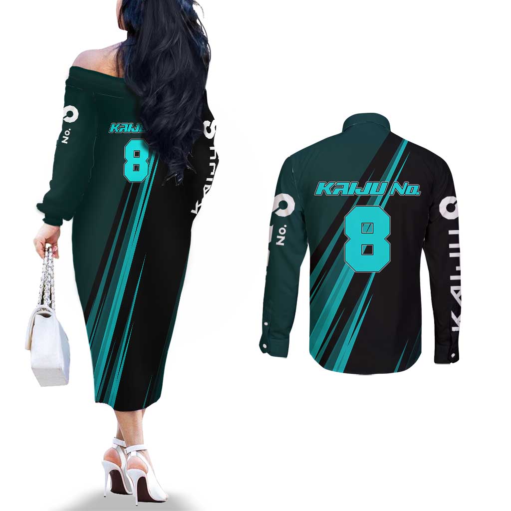 Kaiju No. 8 Monster Form Couples Matching Off The Shoulder Long Sleeve Dress and Long Sleeve Button Shirt Neon Manga Combat Style