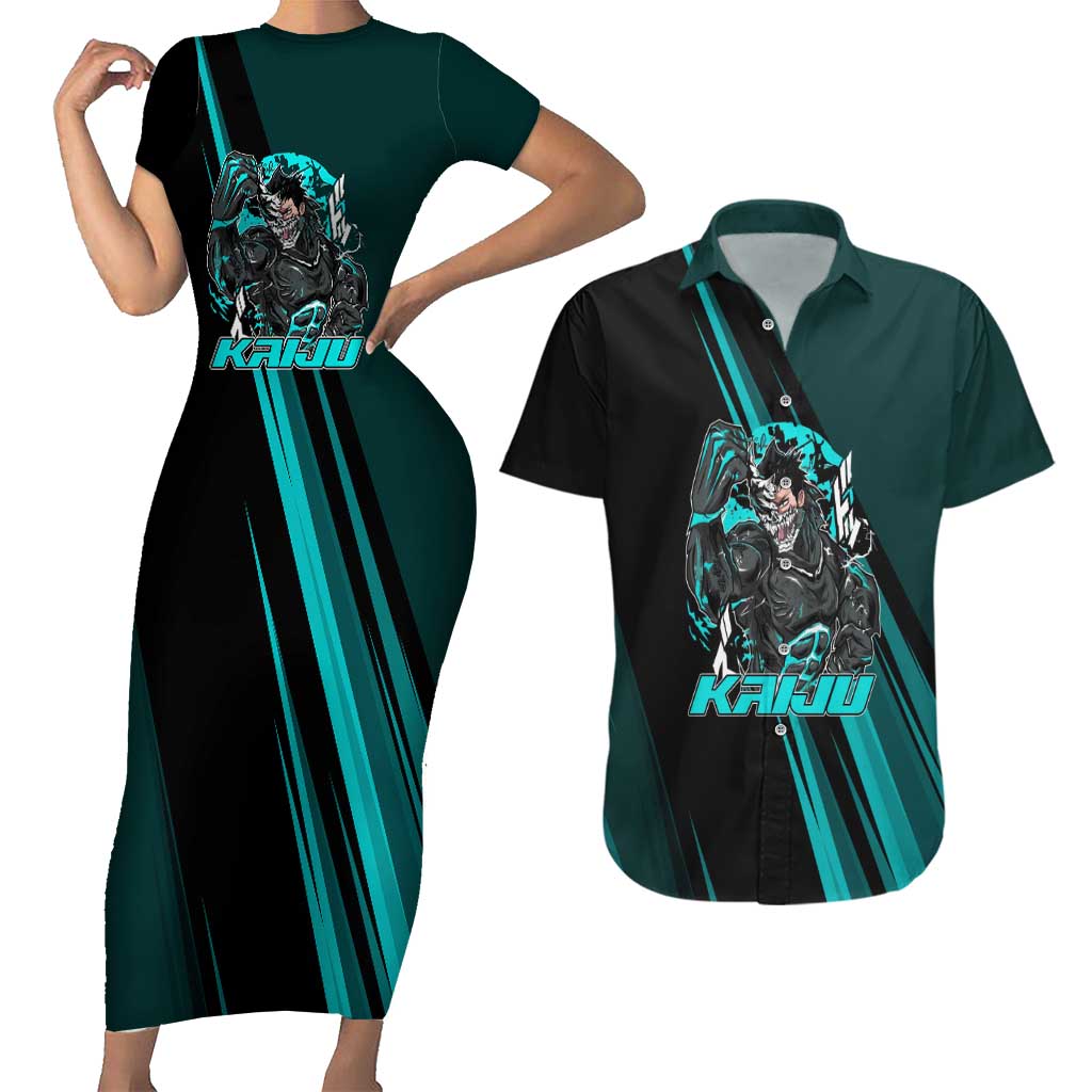 Kaiju No. 8 Monster Form Couples Matching Short Sleeve Bodycon Dress and Hawaiian Shirt Neon Manga Combat Style