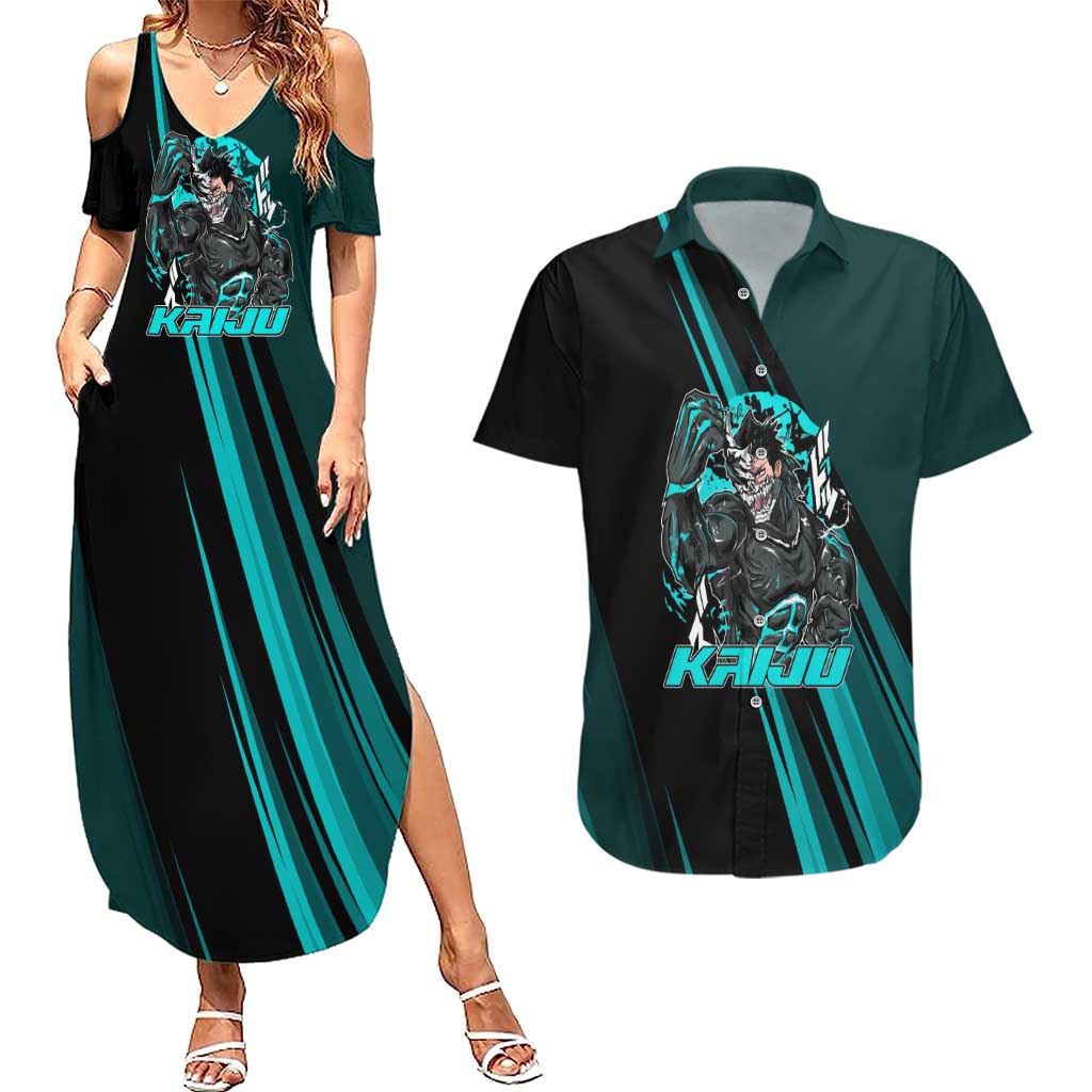 Kaiju No. 8 Monster Form Couples Matching Summer Maxi Dress and Hawaiian Shirt Neon Manga Combat Style