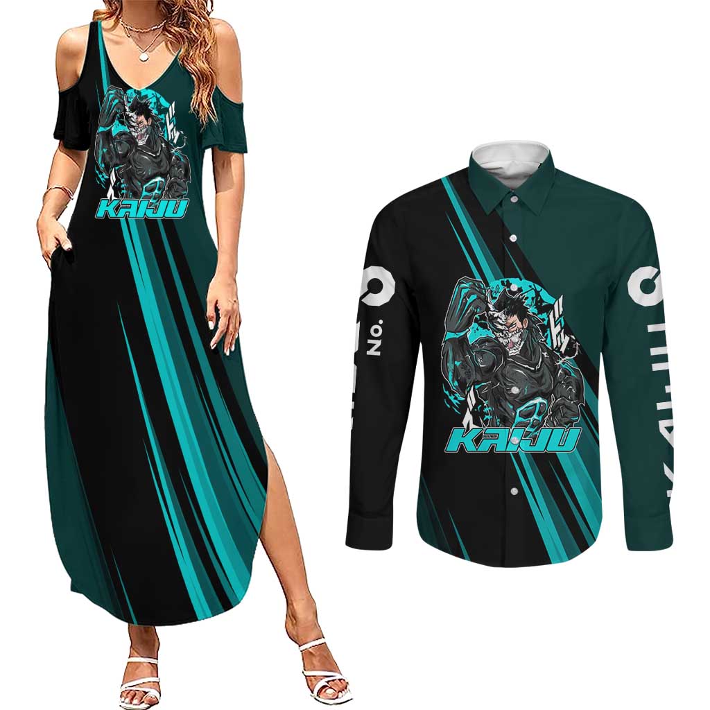 Kaiju No. 8 Monster Form Couples Matching Summer Maxi Dress and Long Sleeve Button Shirt Neon Manga Combat Style