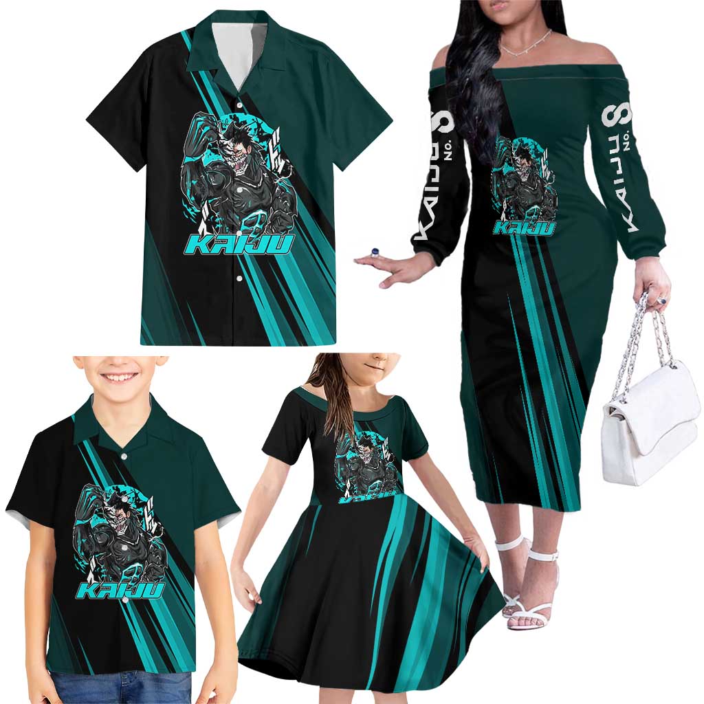 Kaiju No. 8 Monster Form Family Matching Off The Shoulder Long Sleeve Dress and Hawaiian Shirt Neon Manga Combat Style