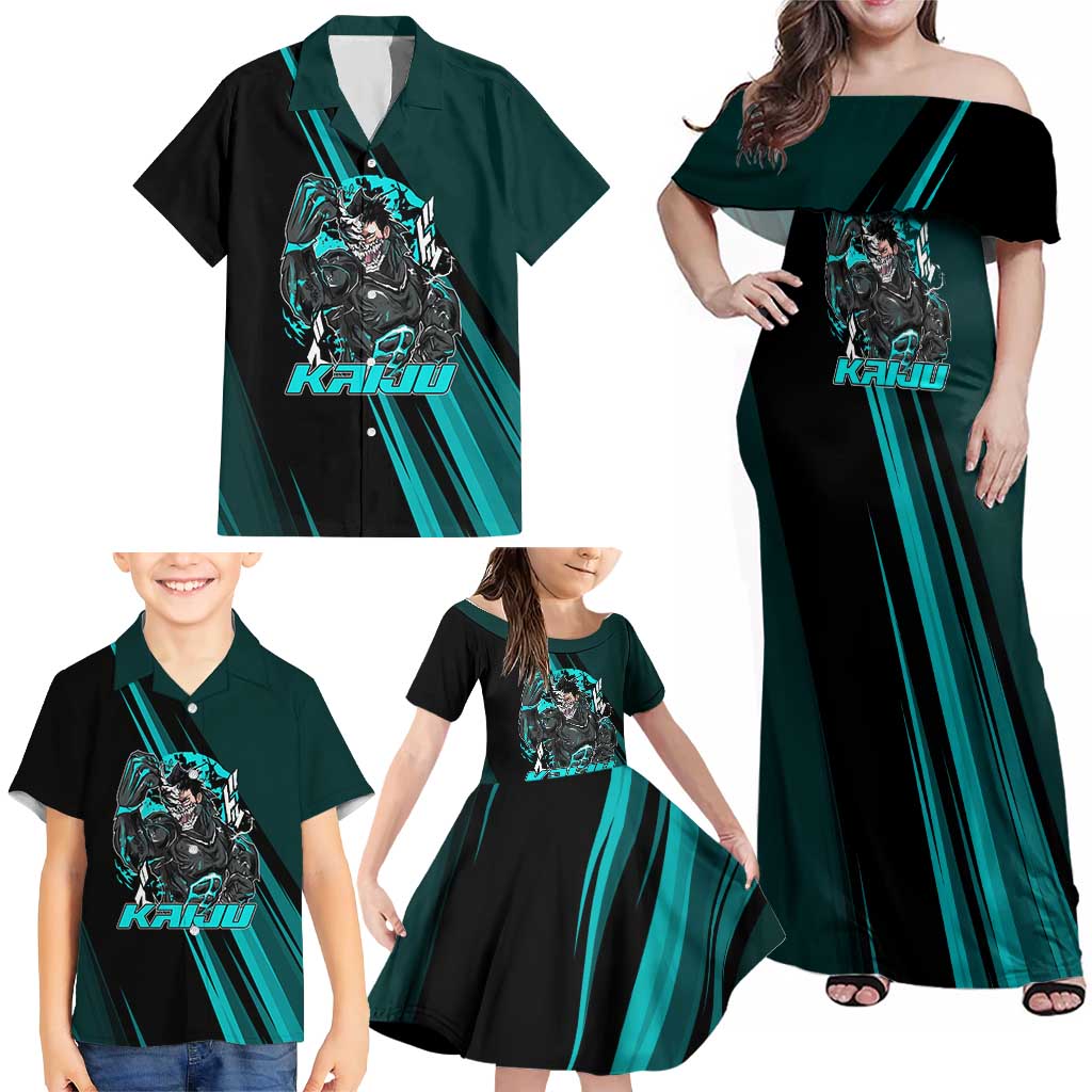Kaiju No. 8 Monster Form Family Matching Off Shoulder Maxi Dress and Hawaiian Shirt Neon Manga Combat Style
