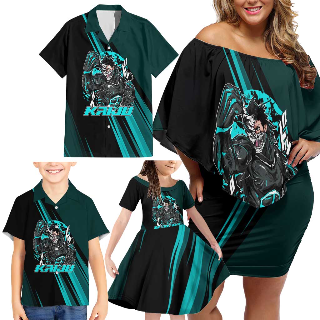 Kaiju No. 8 Monster Form Family Matching Off Shoulder Short Dress and Hawaiian Shirt Neon Manga Combat Style