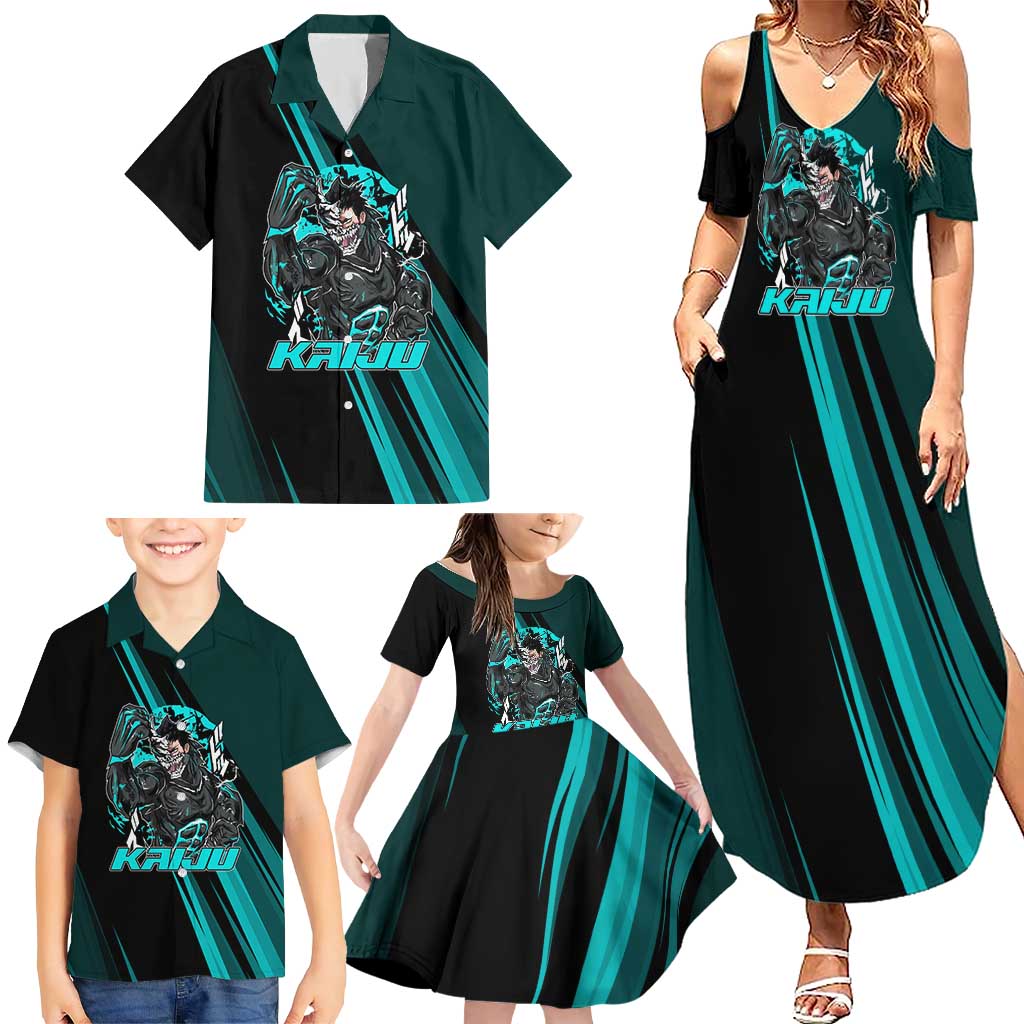 Kaiju No. 8 Monster Form Family Matching Summer Maxi Dress and Hawaiian Shirt Neon Manga Combat Style