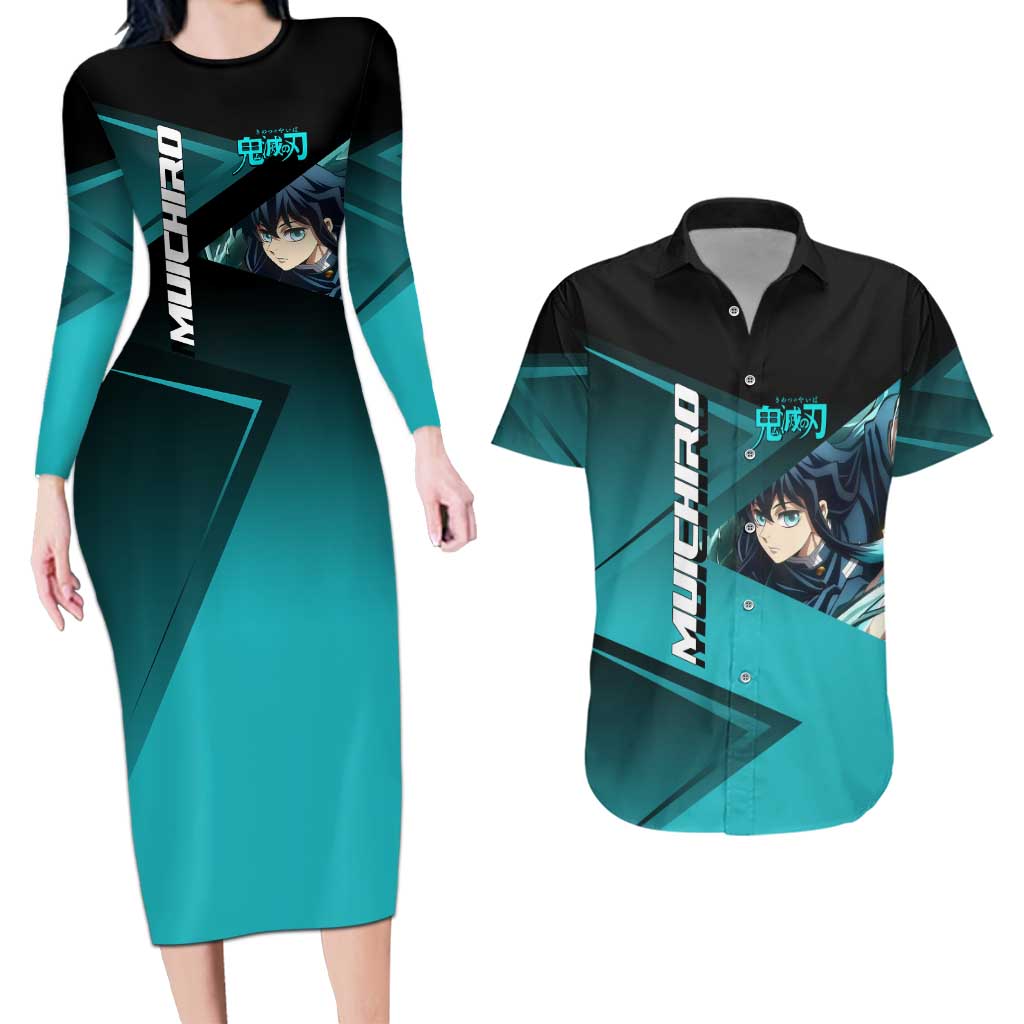 Muichiro Tokito Mist Hashira Couples Matching Long Sleeve Bodycon Dress and Hawaiian Shirt Sporty Anime Mashup Style