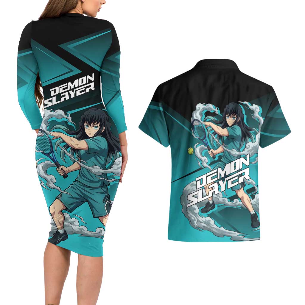 Muichiro Tokito Mist Hashira Couples Matching Long Sleeve Bodycon Dress and Hawaiian Shirt Sporty Anime Mashup Style