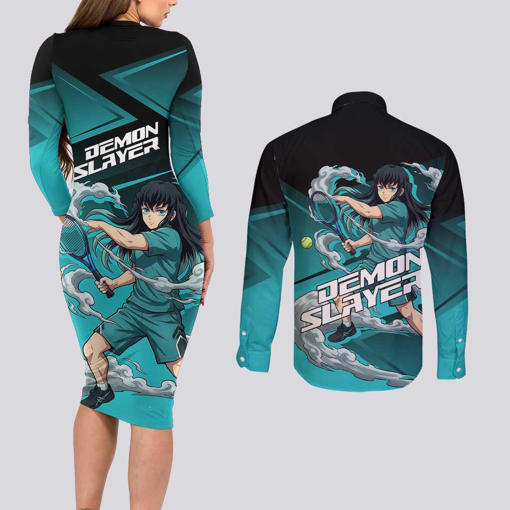 Muichiro Tokito Mist Hashira Couples Matching Long Sleeve Bodycon Dress and Long Sleeve Button Shirt Sporty Anime Mashup Style