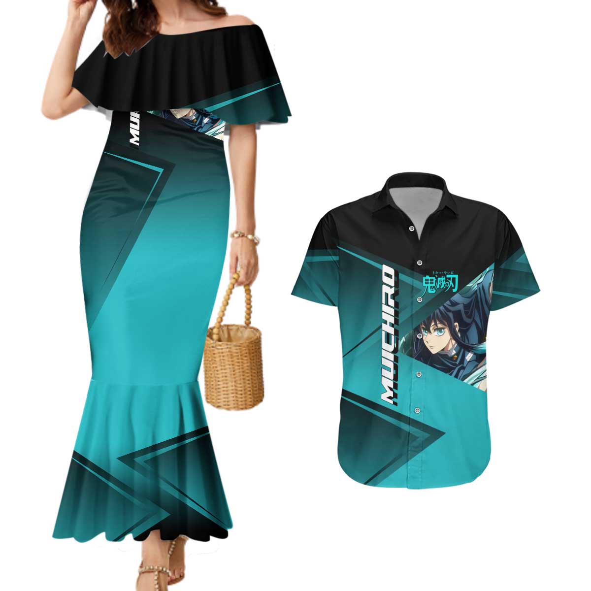 Muichiro Tokito Mist Hashira Couples Matching Mermaid Dress and Hawaiian Shirt Sporty Anime Mashup Style