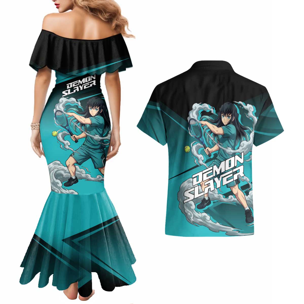 Muichiro Tokito Mist Hashira Couples Matching Mermaid Dress and Hawaiian Shirt Sporty Anime Mashup Style