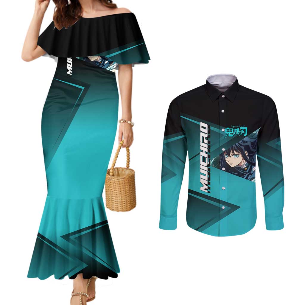 Muichiro Tokito Mist Hashira Couples Matching Mermaid Dress and Long Sleeve Button Shirt Sporty Anime Mashup Style