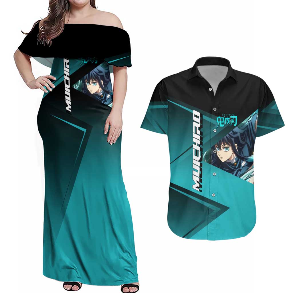 Muichiro Tokito Mist Hashira Couples Matching Off Shoulder Maxi Dress and Hawaiian Shirt Sporty Anime Mashup Style