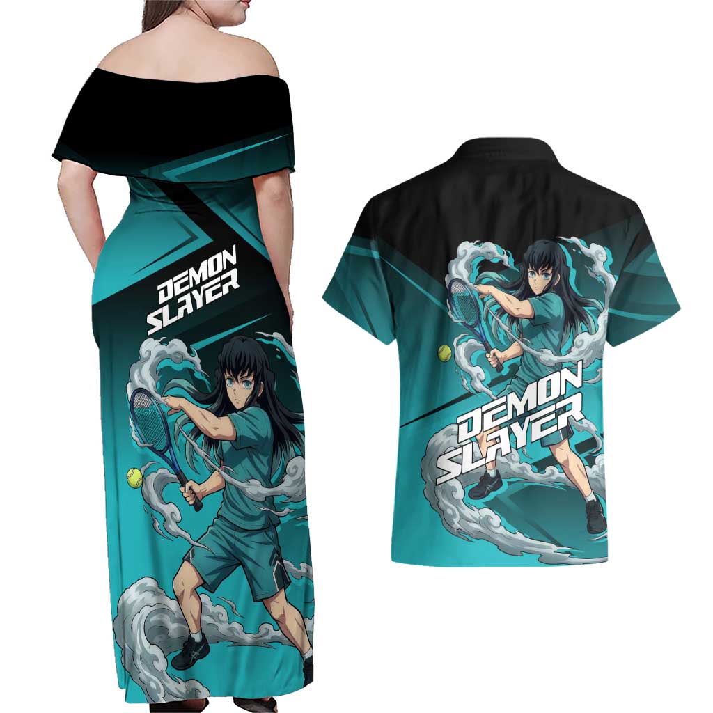 Muichiro Tokito Mist Hashira Couples Matching Off Shoulder Maxi Dress and Hawaiian Shirt Sporty Anime Mashup Style
