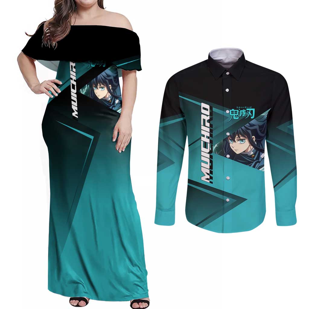 Muichiro Tokito Mist Hashira Couples Matching Off Shoulder Maxi Dress and Long Sleeve Button Shirt Sporty Anime Mashup Style