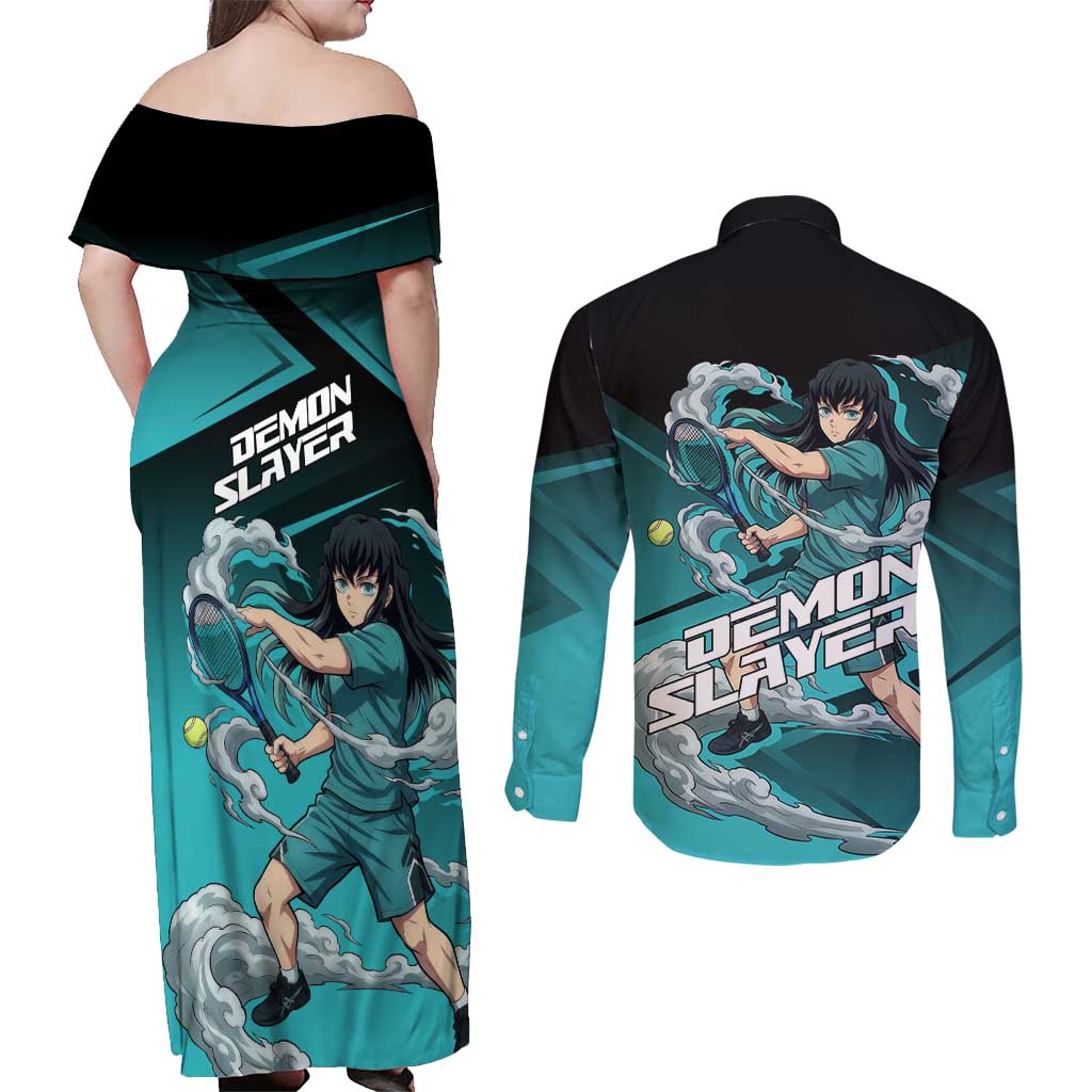 Muichiro Tokito Mist Hashira Couples Matching Off Shoulder Maxi Dress and Long Sleeve Button Shirt Sporty Anime Mashup Style