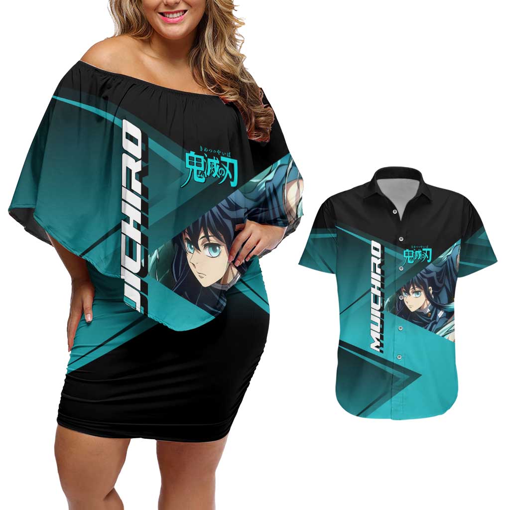 Muichiro Tokito Mist Hashira Couples Matching Off Shoulder Short Dress and Hawaiian Shirt Sporty Anime Mashup Style