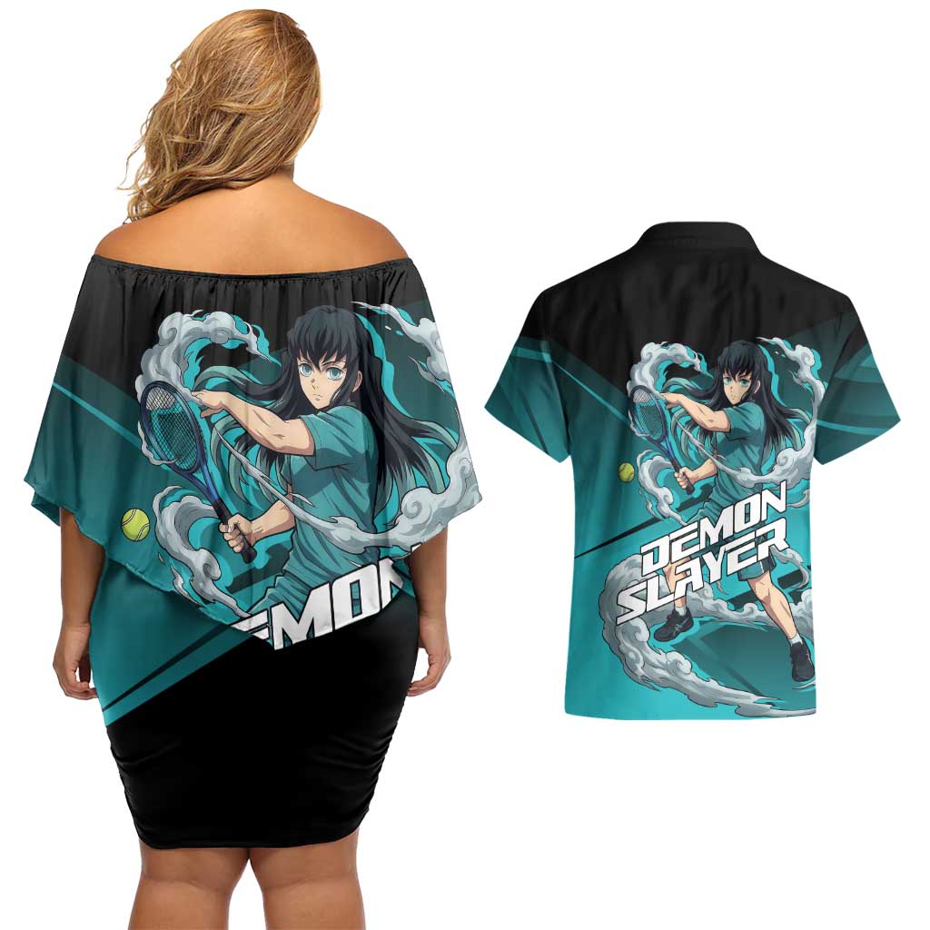 Muichiro Tokito Mist Hashira Couples Matching Off Shoulder Short Dress and Hawaiian Shirt Sporty Anime Mashup Style