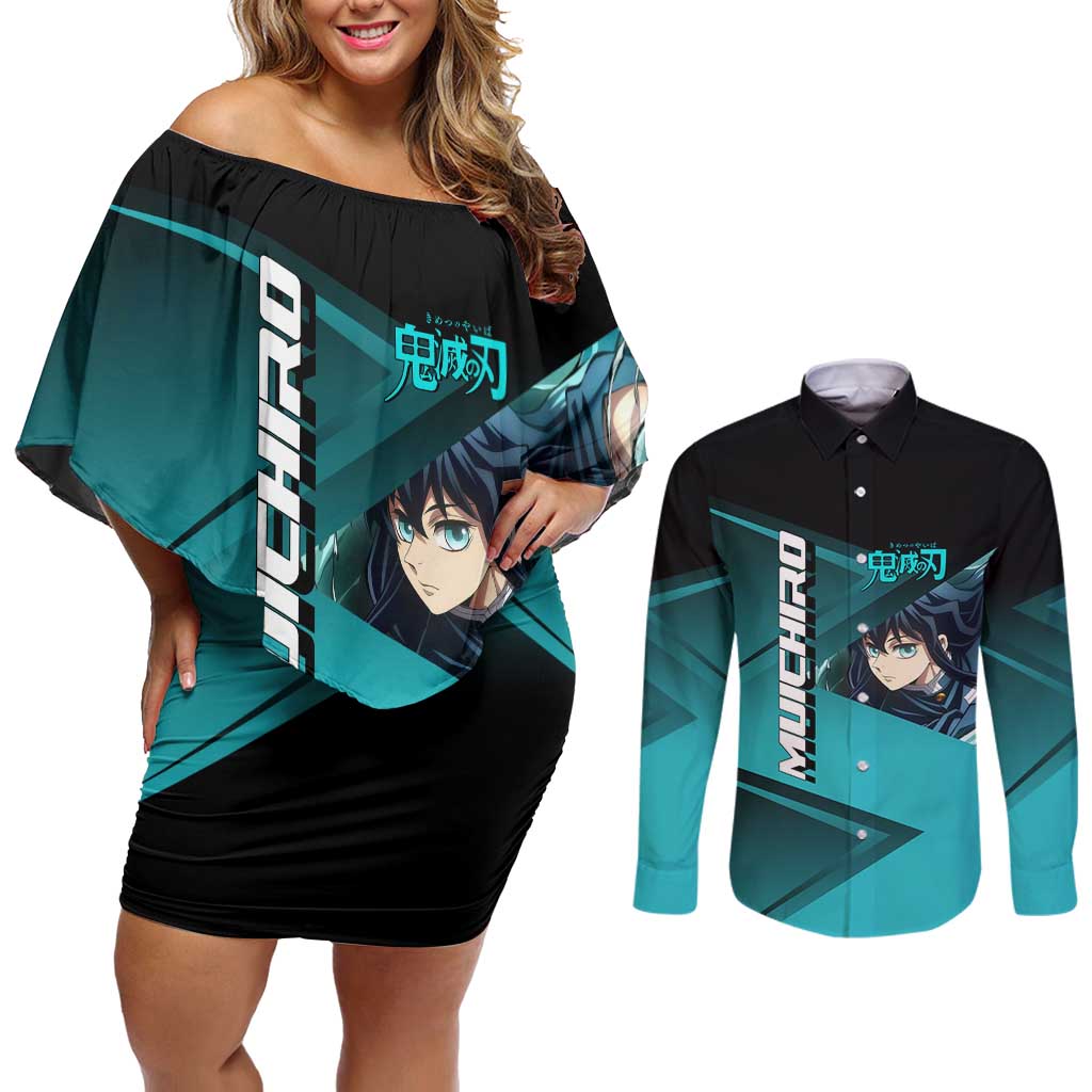 Muichiro Tokito Mist Hashira Couples Matching Off Shoulder Short Dress and Long Sleeve Button Shirt Sporty Anime Mashup Style