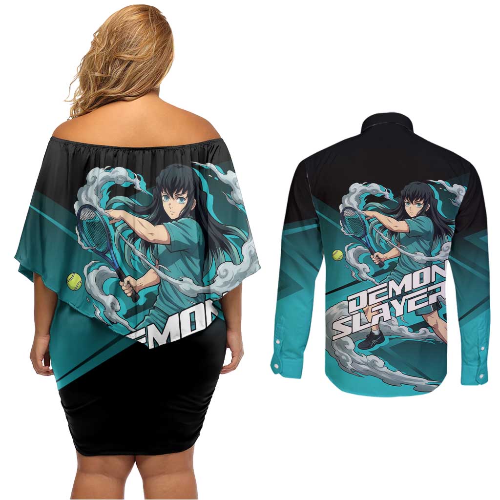 Muichiro Tokito Mist Hashira Couples Matching Off Shoulder Short Dress and Long Sleeve Button Shirt Sporty Anime Mashup Style