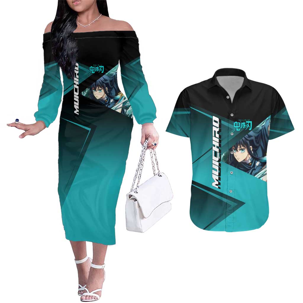 Muichiro Tokito Mist Hashira Couples Matching Off The Shoulder Long Sleeve Dress and Hawaiian Shirt Sporty Anime Mashup Style