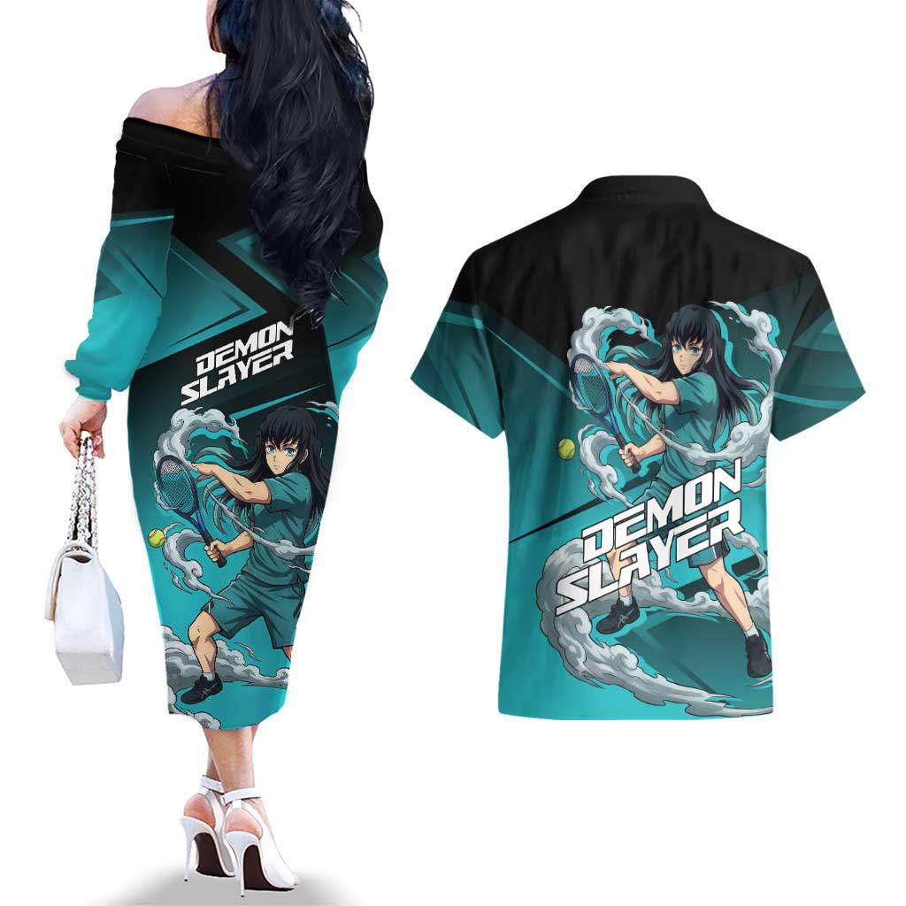 Muichiro Tokito Mist Hashira Couples Matching Off The Shoulder Long Sleeve Dress and Hawaiian Shirt Sporty Anime Mashup Style