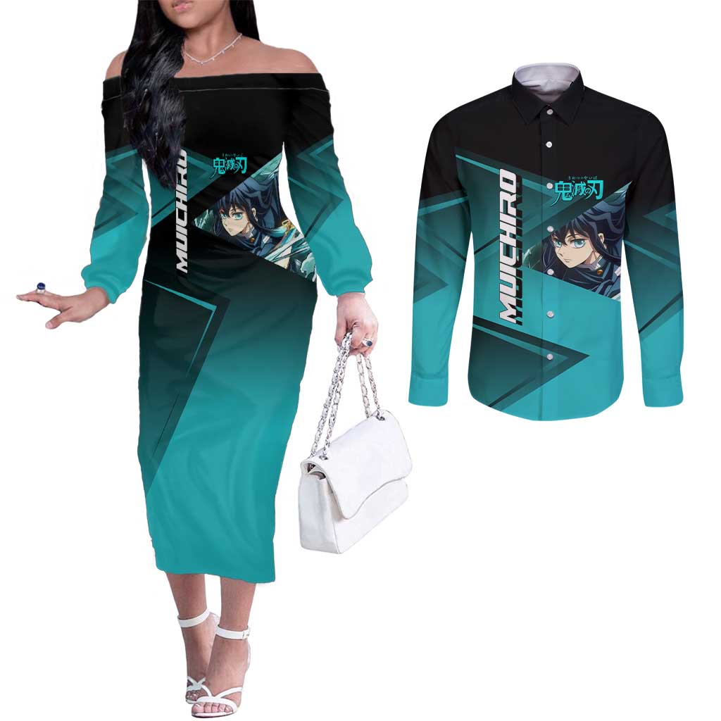 Muichiro Tokito Mist Hashira Couples Matching Off The Shoulder Long Sleeve Dress and Long Sleeve Button Shirt Sporty Anime Mashup Style