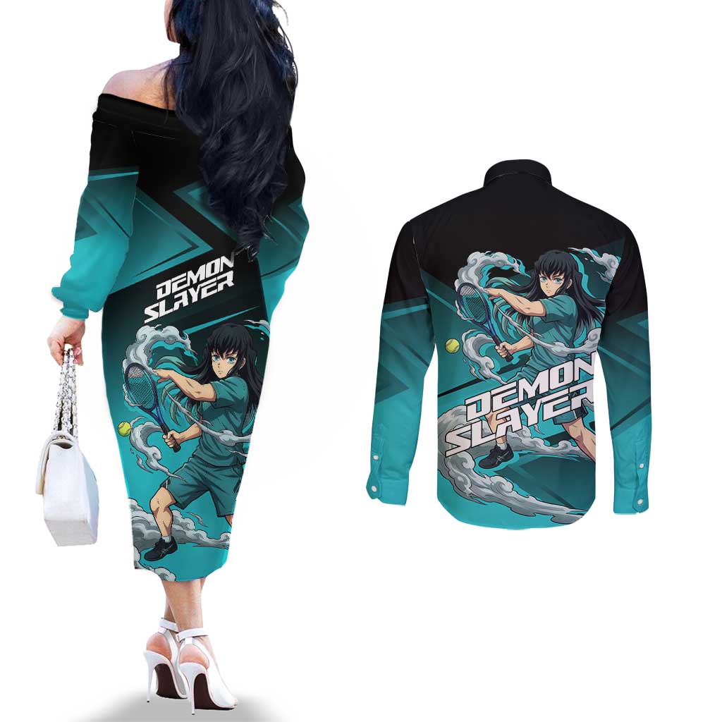 Muichiro Tokito Mist Hashira Couples Matching Off The Shoulder Long Sleeve Dress and Long Sleeve Button Shirt Sporty Anime Mashup Style