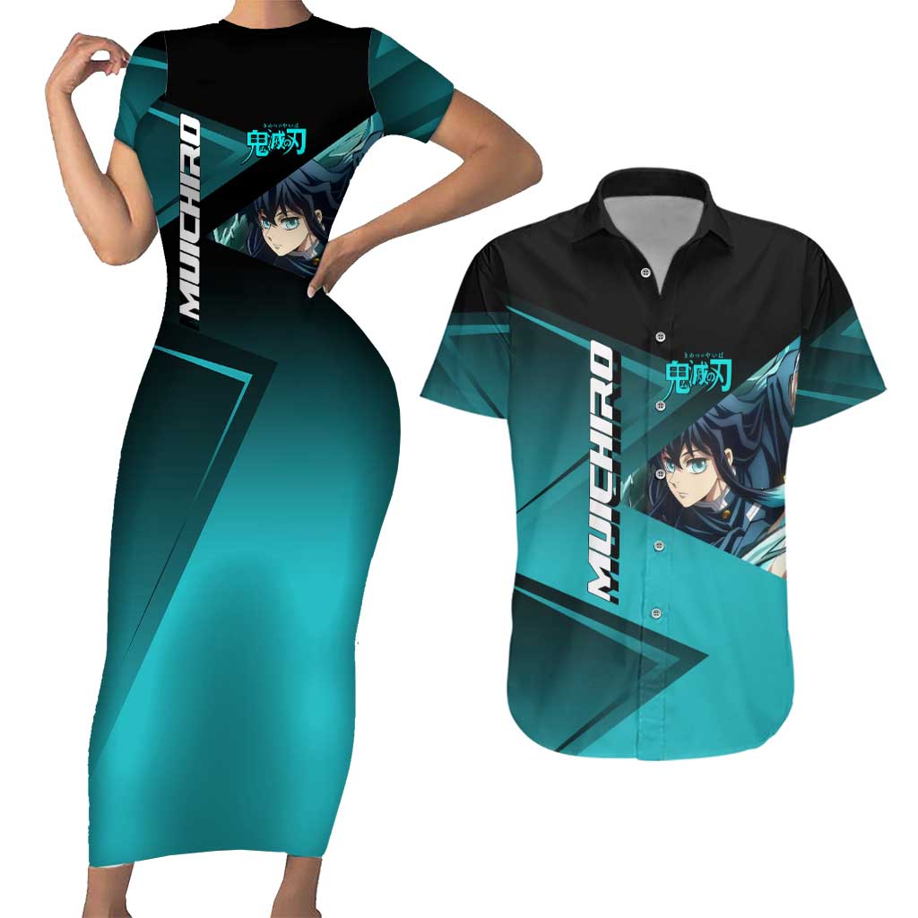 Muichiro Tokito Mist Hashira Couples Matching Short Sleeve Bodycon Dress and Hawaiian Shirt Sporty Anime Mashup Style