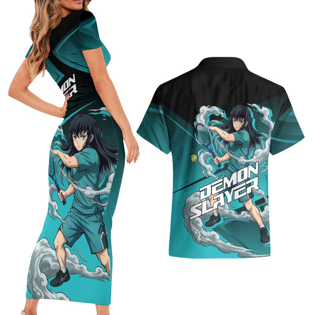 Muichiro Tokito Mist Hashira Couples Matching Short Sleeve Bodycon Dress and Hawaiian Shirt Sporty Anime Mashup Style