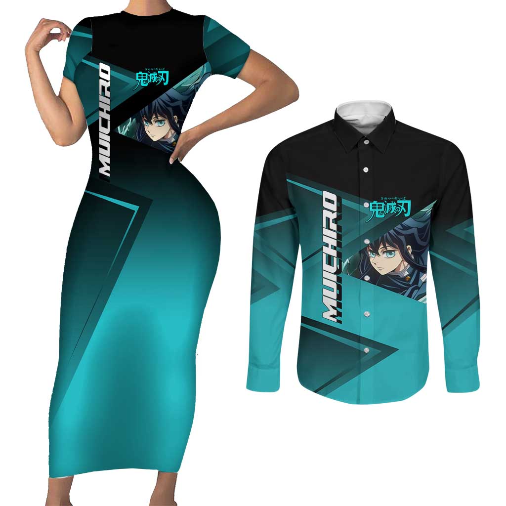 Muichiro Tokito Mist Hashira Couples Matching Short Sleeve Bodycon Dress and Long Sleeve Button Shirt Sporty Anime Mashup Style