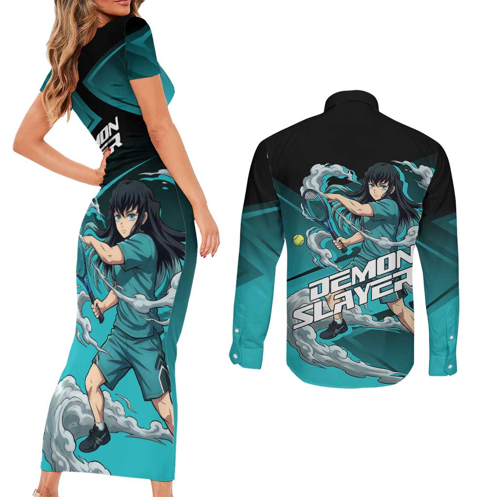 Muichiro Tokito Mist Hashira Couples Matching Short Sleeve Bodycon Dress and Long Sleeve Button Shirt Sporty Anime Mashup Style
