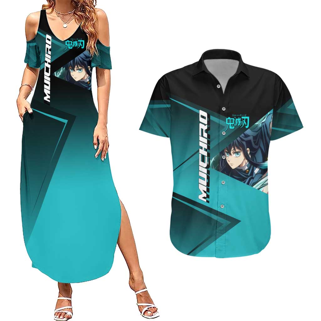 Muichiro Tokito Mist Hashira Couples Matching Summer Maxi Dress and Hawaiian Shirt Sporty Anime Mashup Style