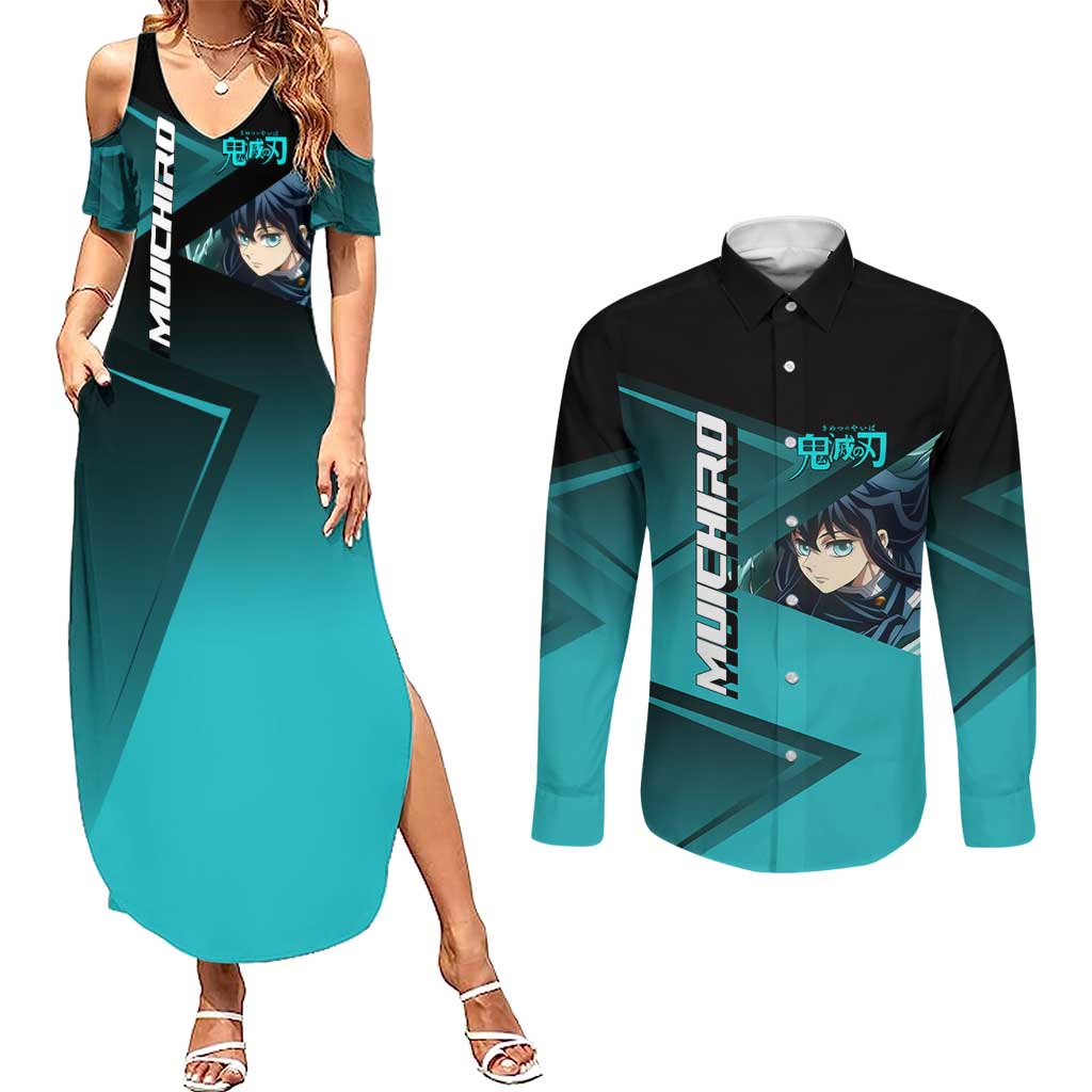Muichiro Tokito Mist Hashira Couples Matching Summer Maxi Dress and Long Sleeve Button Shirt Sporty Anime Mashup Style