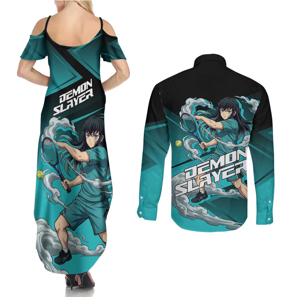 Muichiro Tokito Mist Hashira Couples Matching Summer Maxi Dress and Long Sleeve Button Shirt Sporty Anime Mashup Style