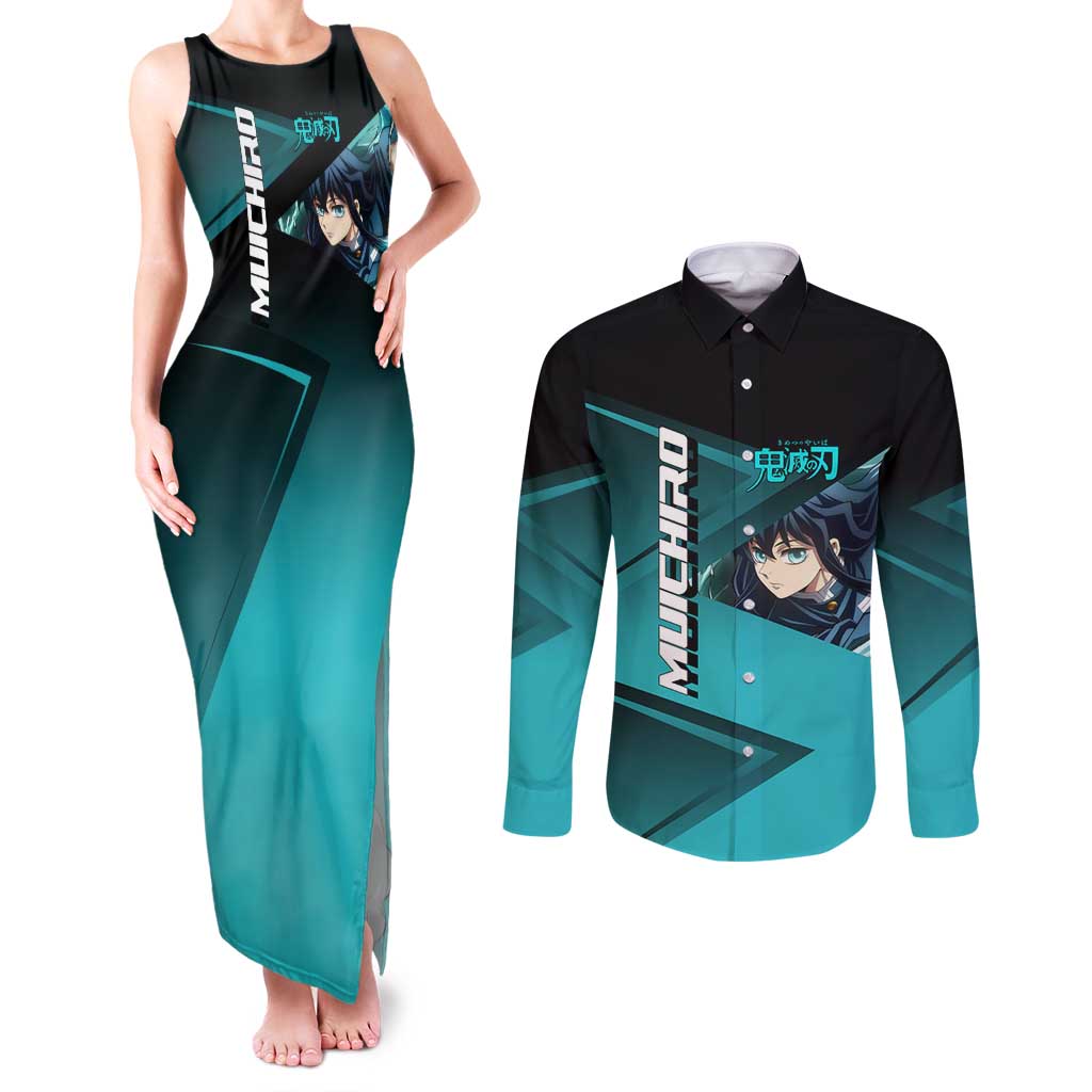 Muichiro Tokito Mist Hashira Couples Matching Tank Maxi Dress and Long Sleeve Button Shirt Sporty Anime Mashup Style