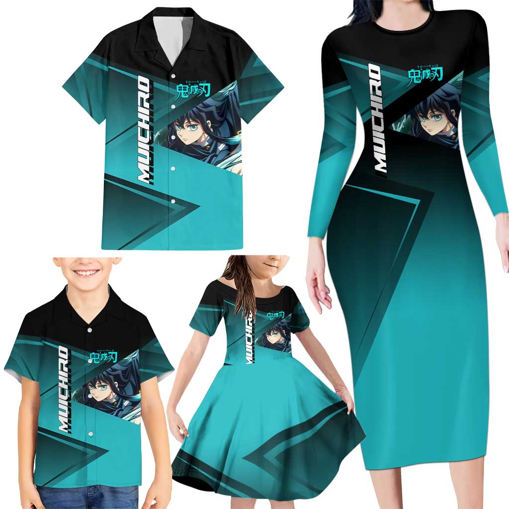 Muichiro Tokito Mist Hashira Family Matching Long Sleeve Bodycon Dress and Hawaiian Shirt Sporty Anime Mashup Style