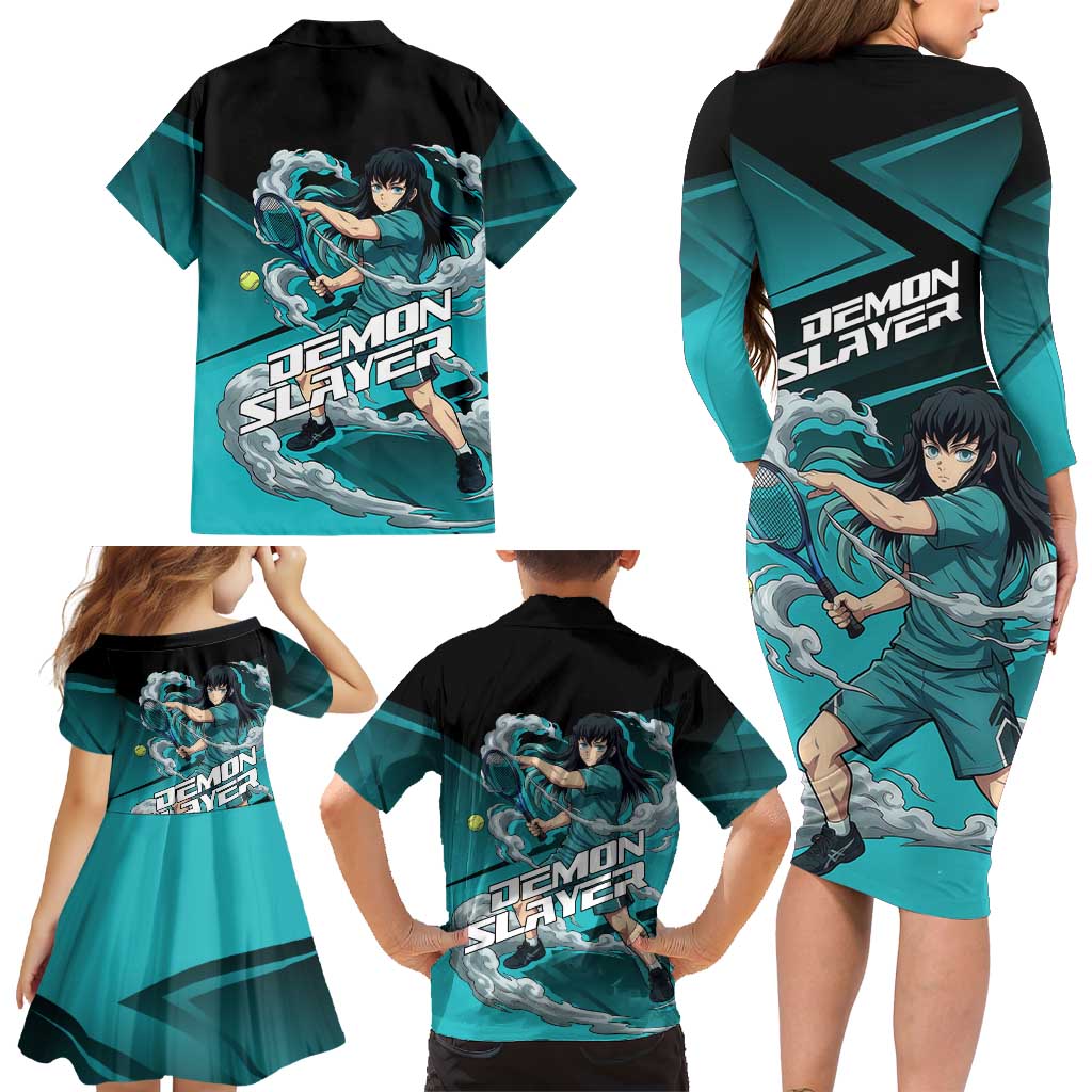 Muichiro Tokito Mist Hashira Family Matching Long Sleeve Bodycon Dress and Hawaiian Shirt Sporty Anime Mashup Style