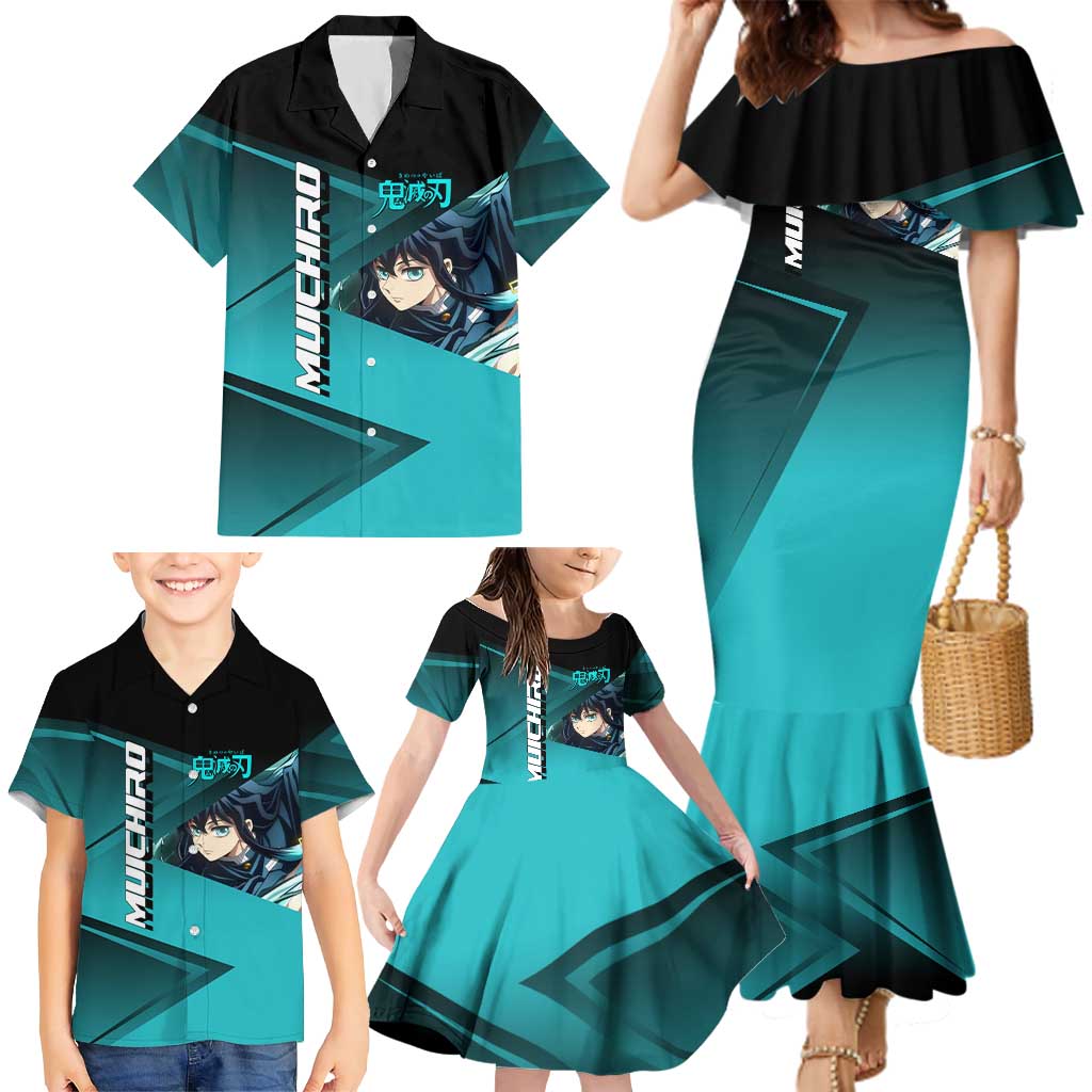 Muichiro Tokito Mist Hashira Family Matching Mermaid Dress and Hawaiian Shirt Sporty Anime Mashup Style