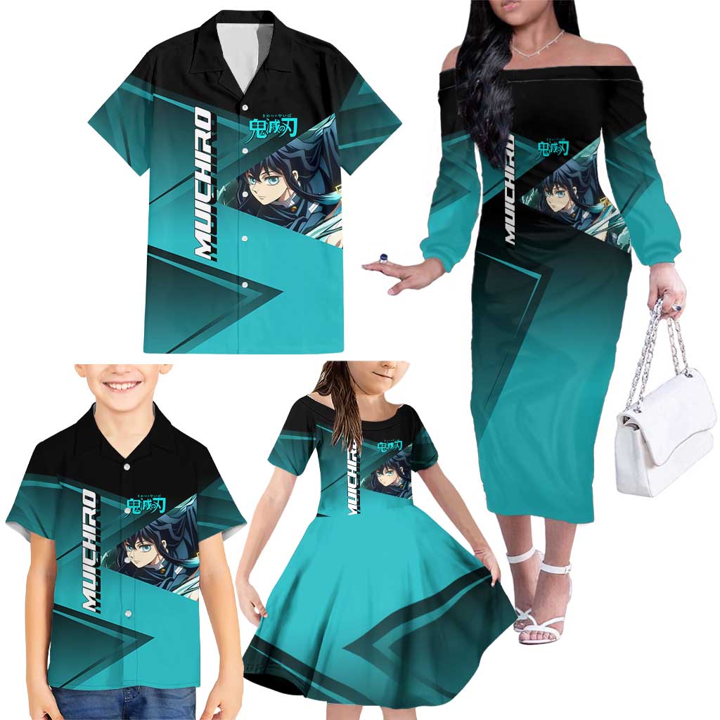 Muichiro Tokito Mist Hashira Family Matching Off The Shoulder Long Sleeve Dress and Hawaiian Shirt Sporty Anime Mashup Style