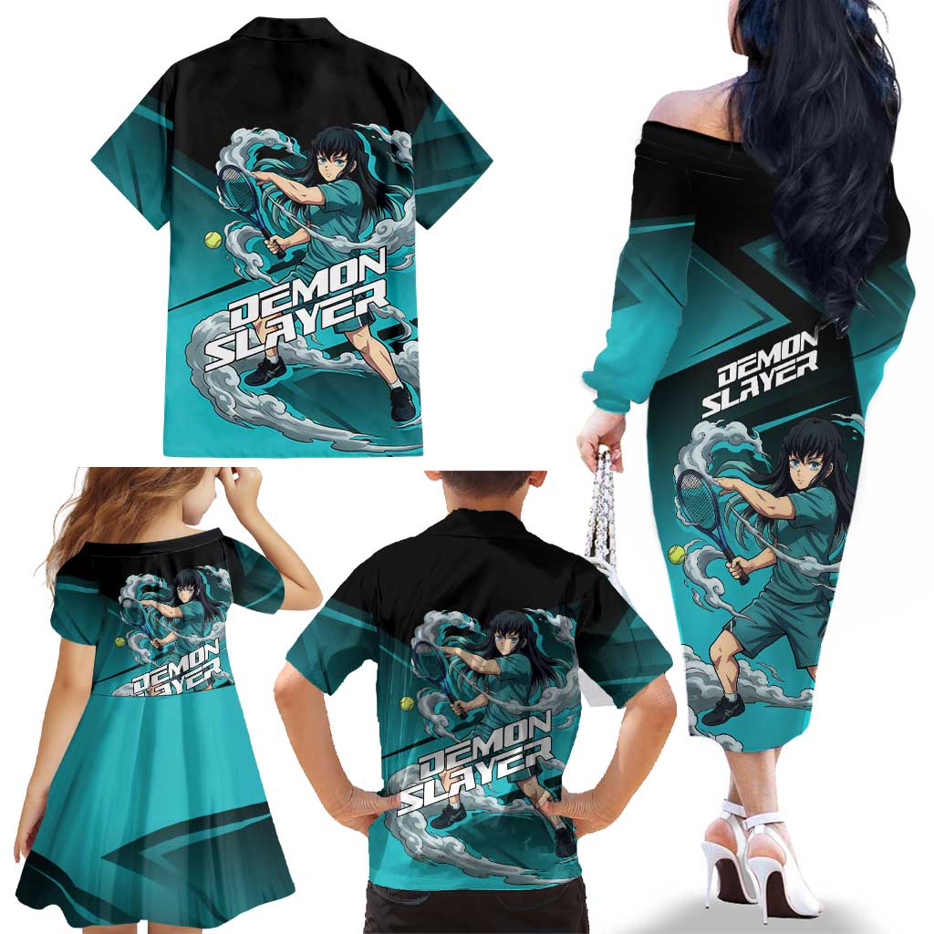 Muichiro Tokito Mist Hashira Family Matching Off The Shoulder Long Sleeve Dress and Hawaiian Shirt Sporty Anime Mashup Style