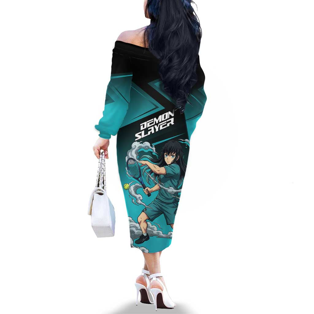 Muichiro Tokito Mist Hashira Family Matching Off The Shoulder Long Sleeve Dress and Hawaiian Shirt Sporty Anime Mashup Style