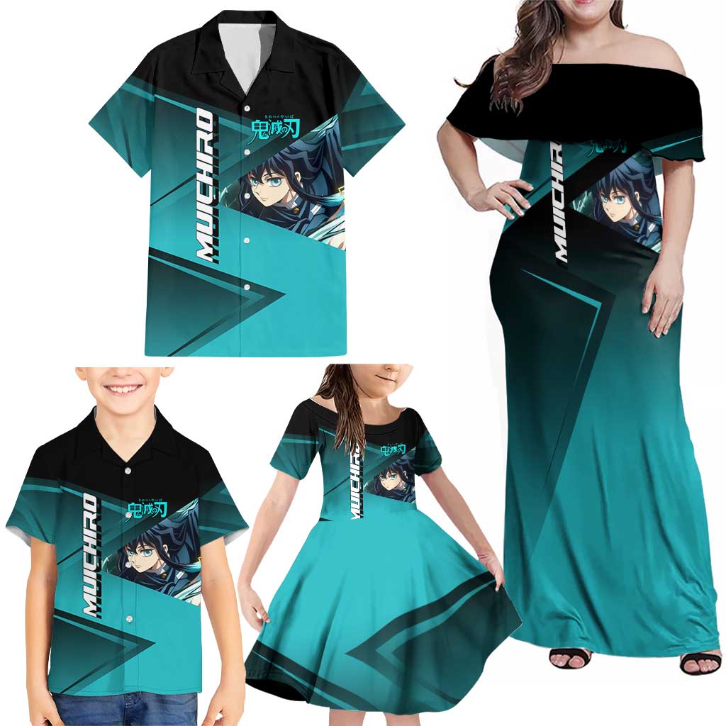 Muichiro Tokito Mist Hashira Family Matching Off Shoulder Maxi Dress and Hawaiian Shirt Sporty Anime Mashup Style