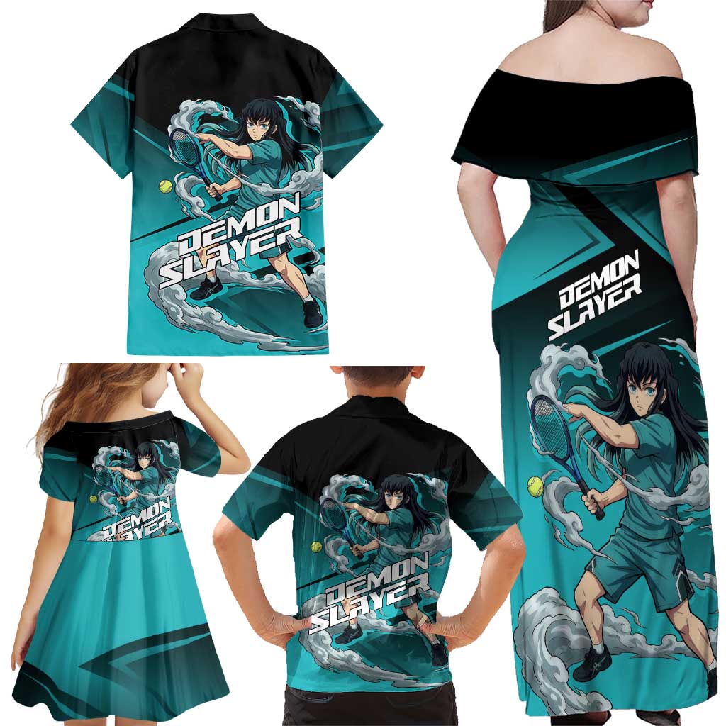 Muichiro Tokito Mist Hashira Family Matching Off Shoulder Maxi Dress and Hawaiian Shirt Sporty Anime Mashup Style