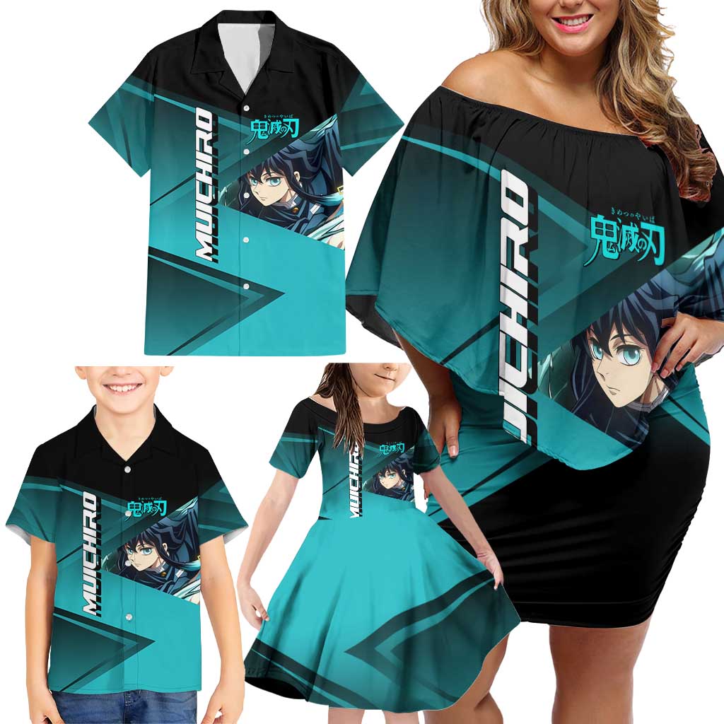 Muichiro Tokito Mist Hashira Family Matching Off Shoulder Short Dress and Hawaiian Shirt Sporty Anime Mashup Style