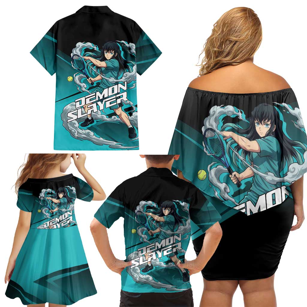 Muichiro Tokito Mist Hashira Family Matching Off Shoulder Short Dress and Hawaiian Shirt Sporty Anime Mashup Style