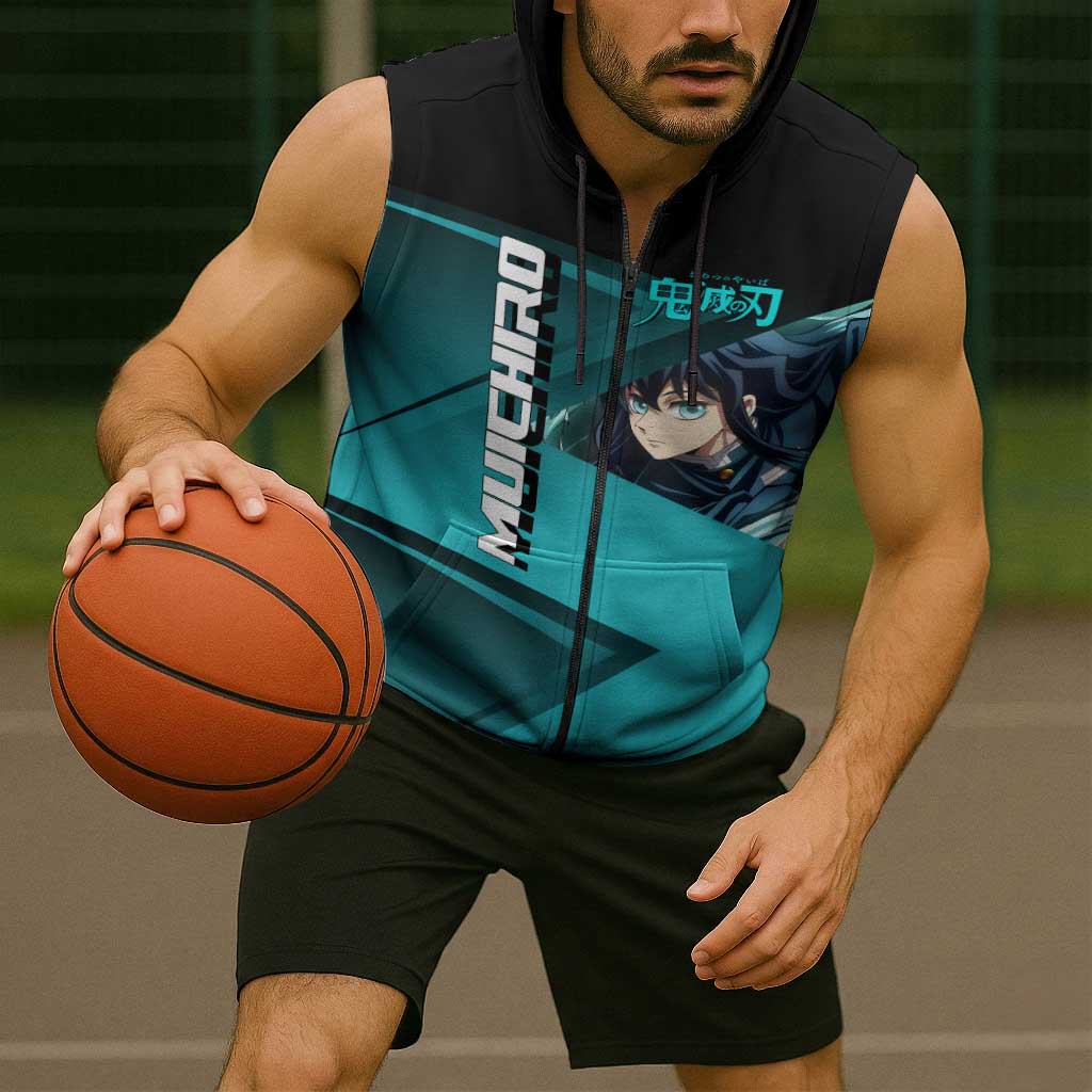 Muichiro Tokito Mist Hashira Sleeveless Zip Hoodie Sporty Anime Mashup Style