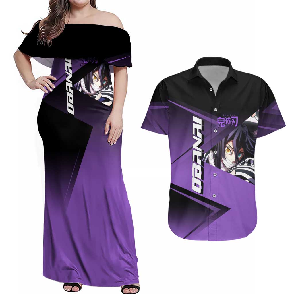 Obanai Iguro Serpent Strike Couples Matching Off Shoulder Maxi Dress and Hawaiian Shirt Sporty Anime Mashup Style