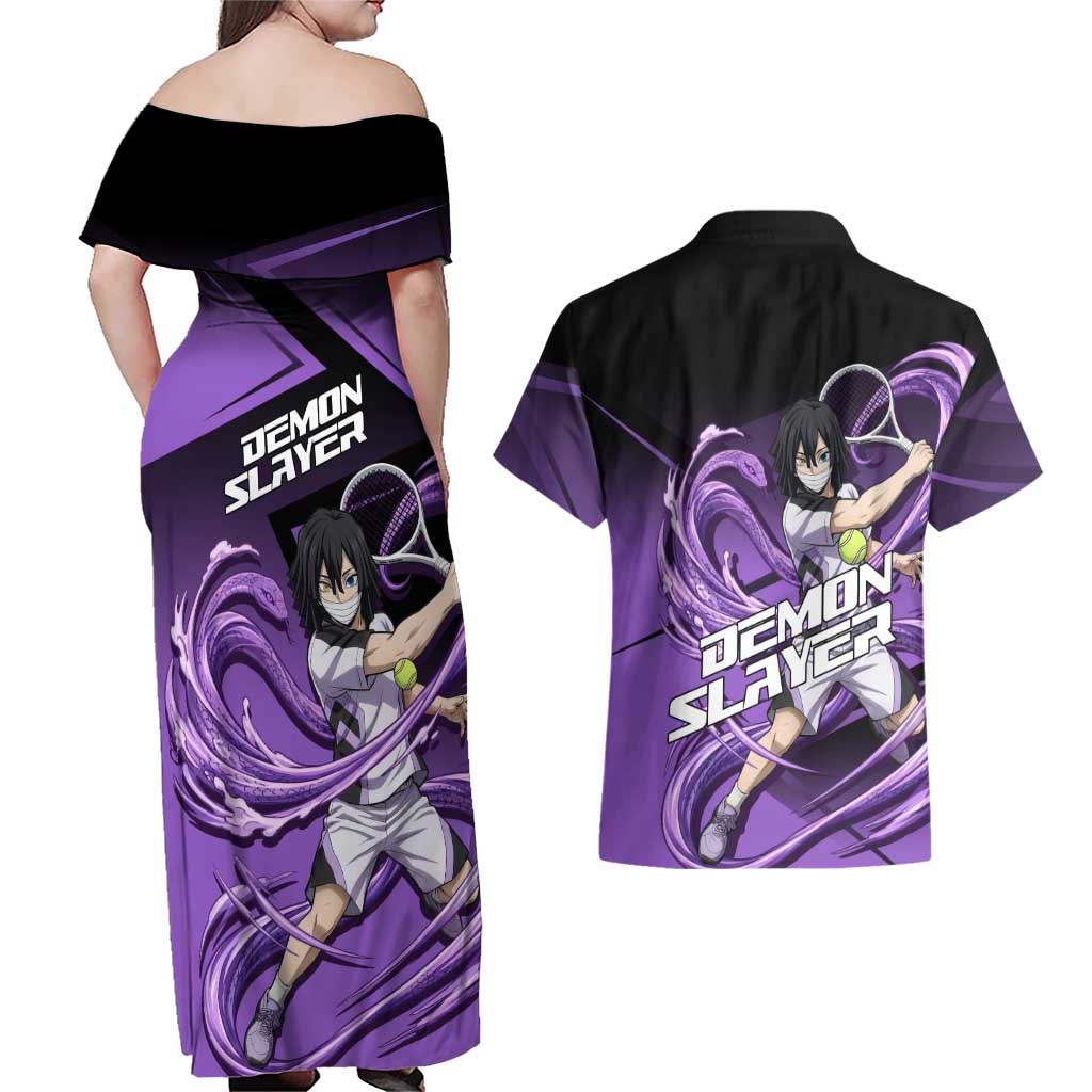Obanai Iguro Serpent Strike Couples Matching Off Shoulder Maxi Dress and Hawaiian Shirt Sporty Anime Mashup Style